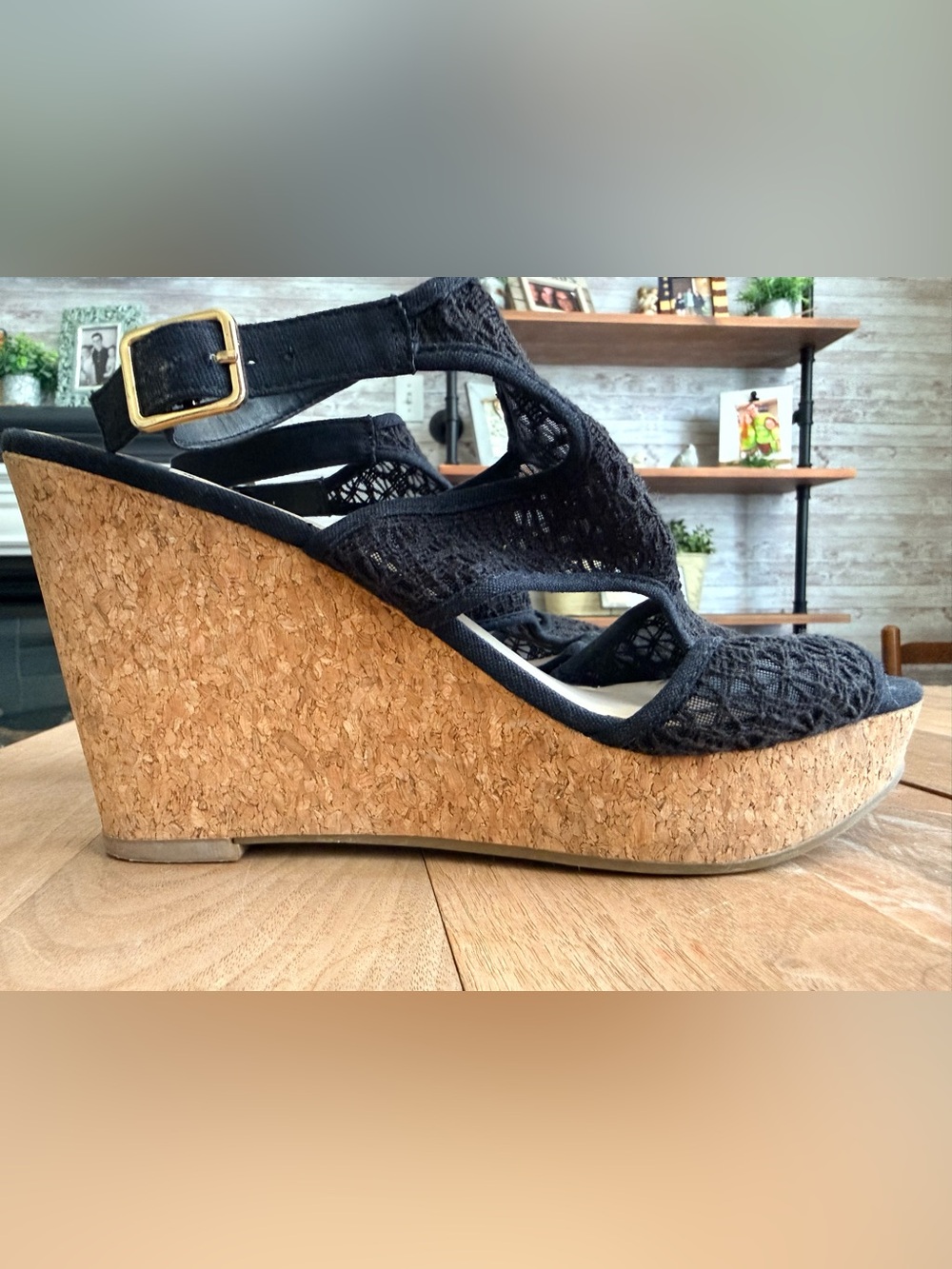 Fergalicious Black Lace Cork Wedge Sandals
